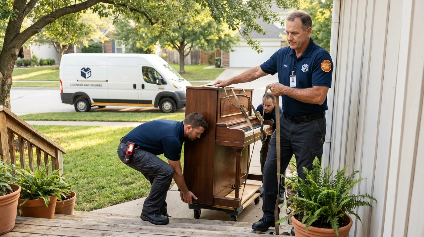 Licensed piano movers securing grand piano in Sheridan, IL