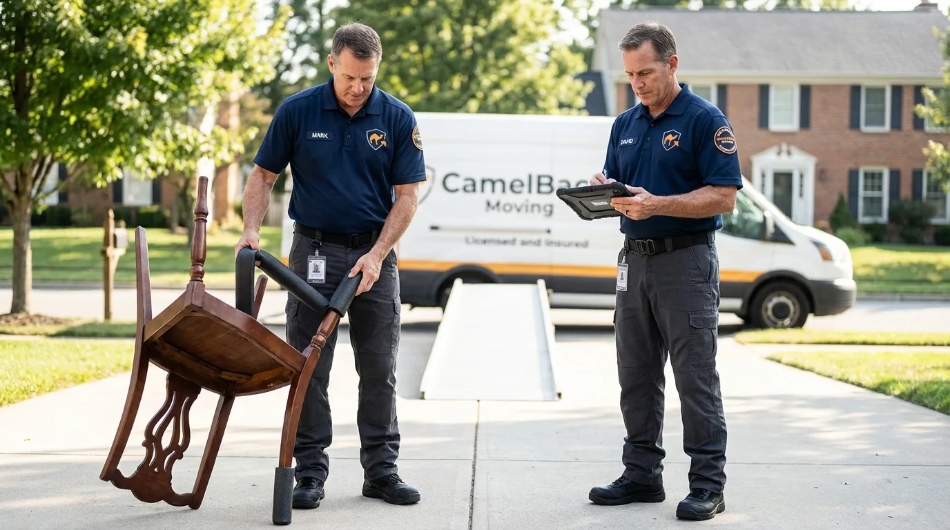 Movers inspecting furniture for damage prevention before loading in Sheridan, IL