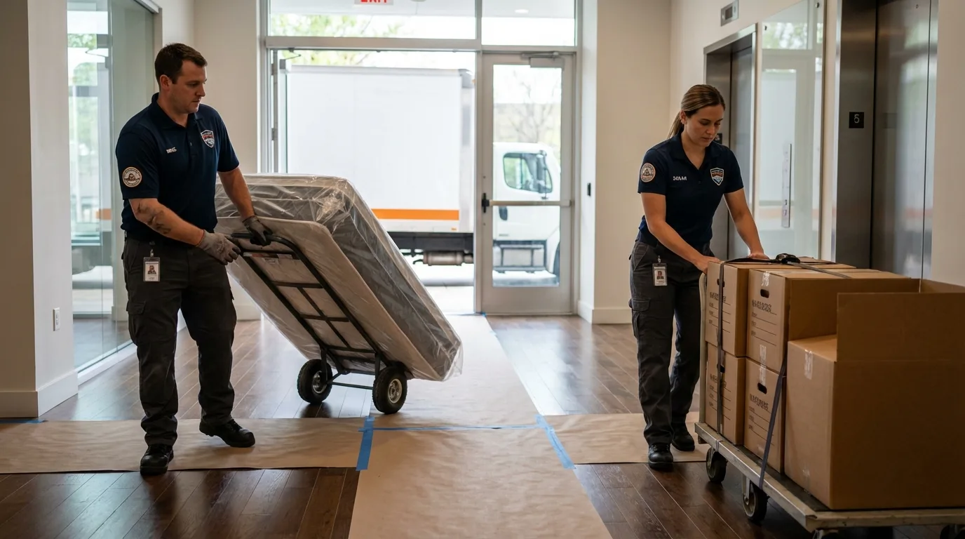 Professional apartment movers loading elevator in Sheridan, IL