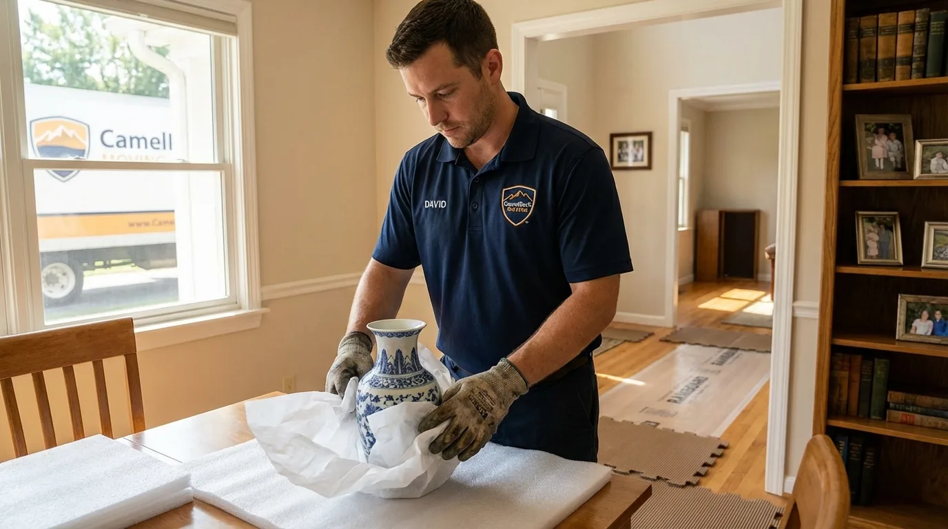 Professional crew carefully wrapping antique vase for senior downsizing move in Sheridan, IL